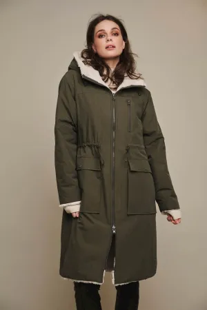 Rino & Pelle Josien Hooded Reversible Coat - Dark Olive/Stone