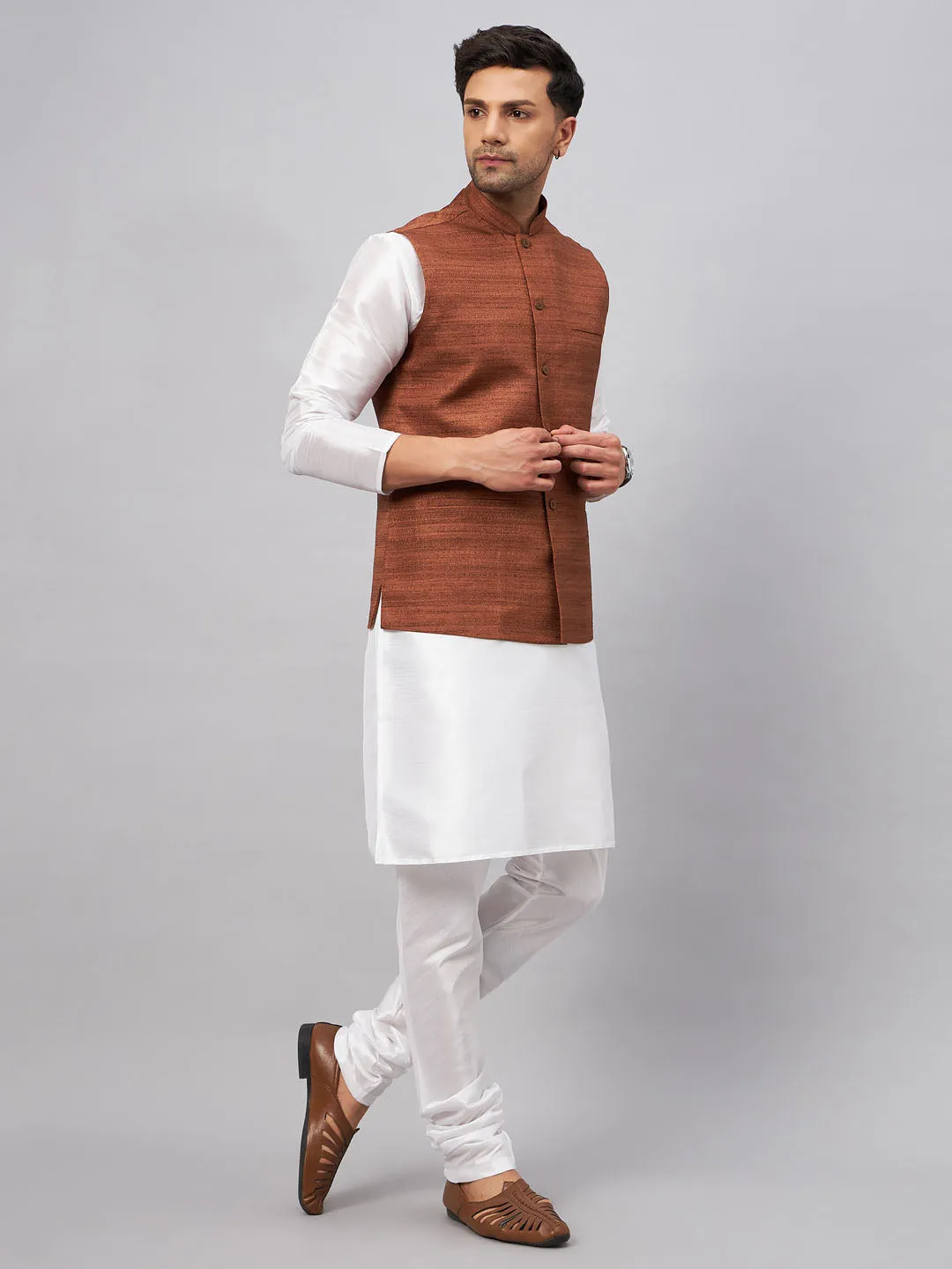 VASTRAMAY Men's Coffee Silk Nehru Jacket Set