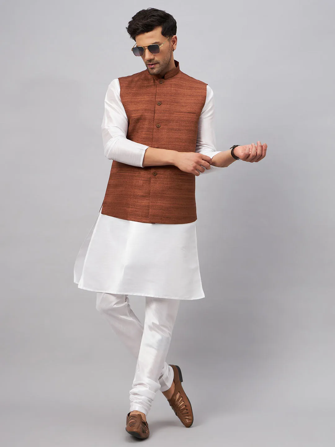 VASTRAMAY Men's Coffee Silk Nehru Jacket Set