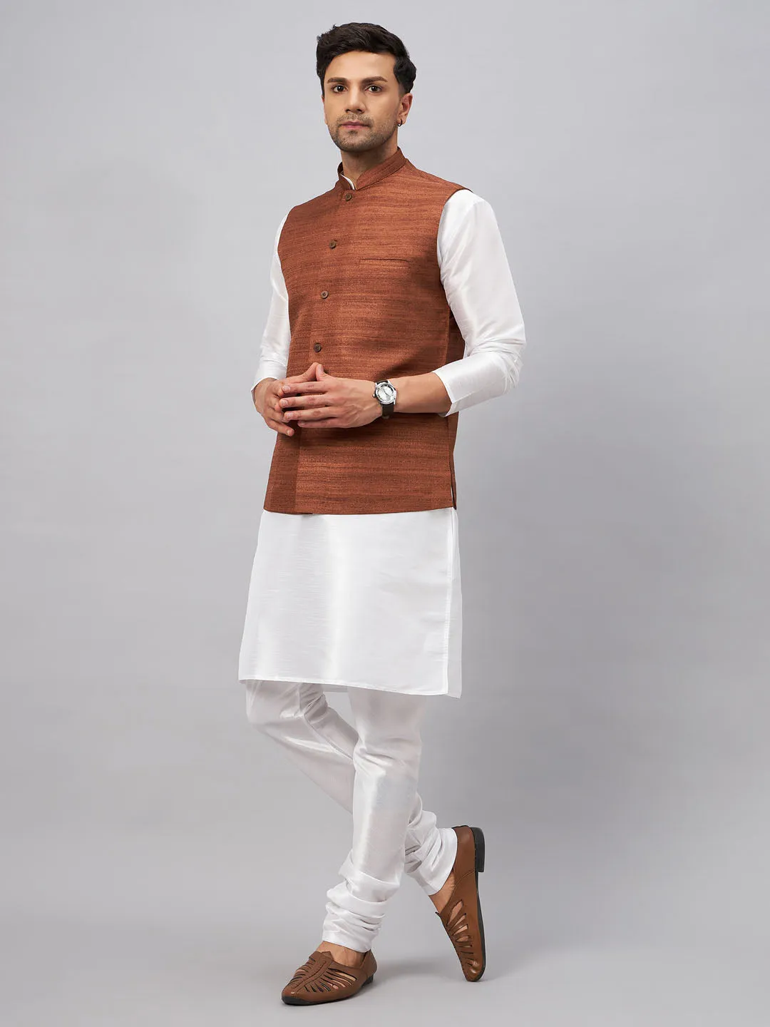 VASTRAMAY Men's Coffee Silk Nehru Jacket Set