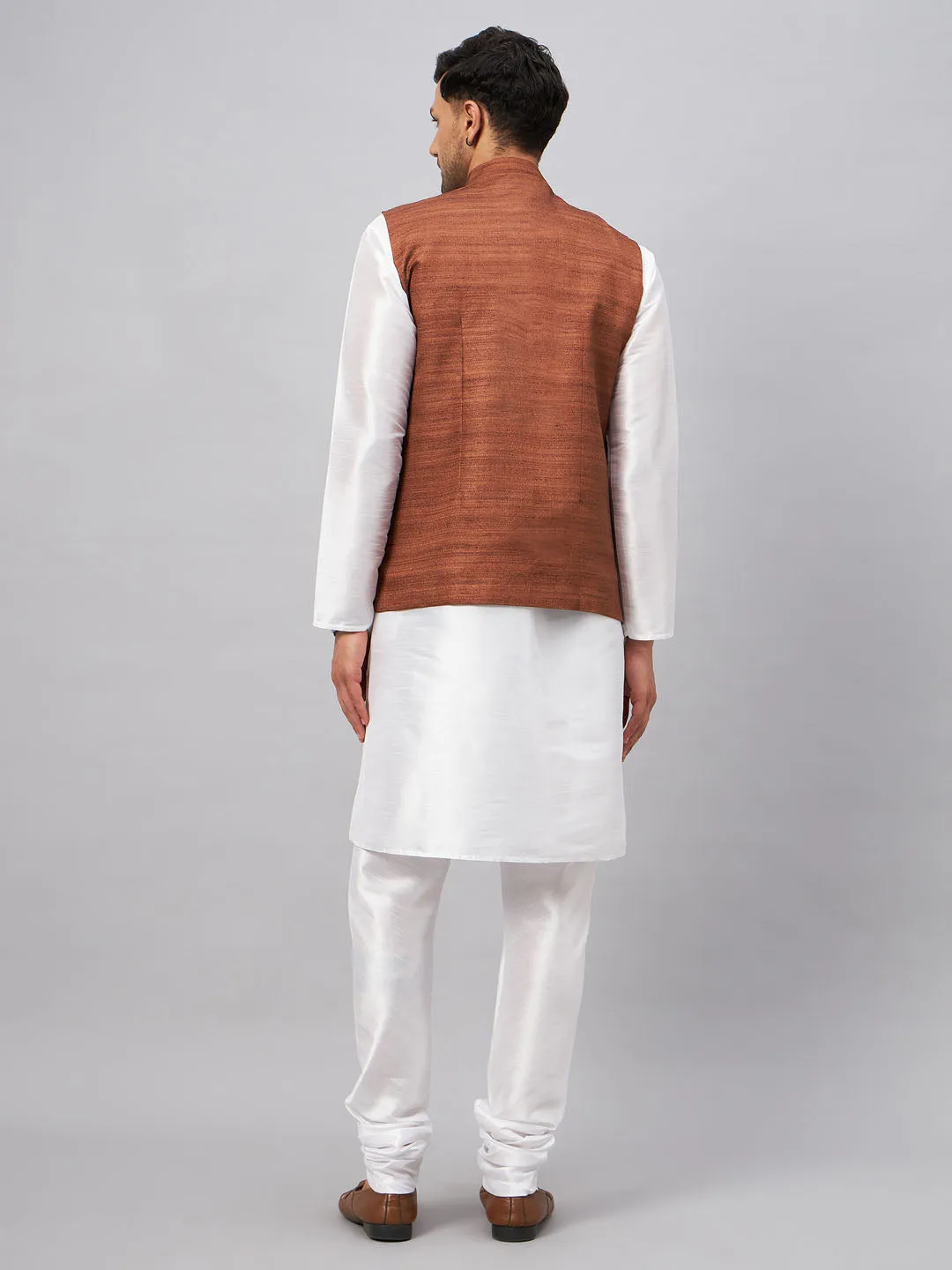 VASTRAMAY Men's Coffee Silk Nehru Jacket Set