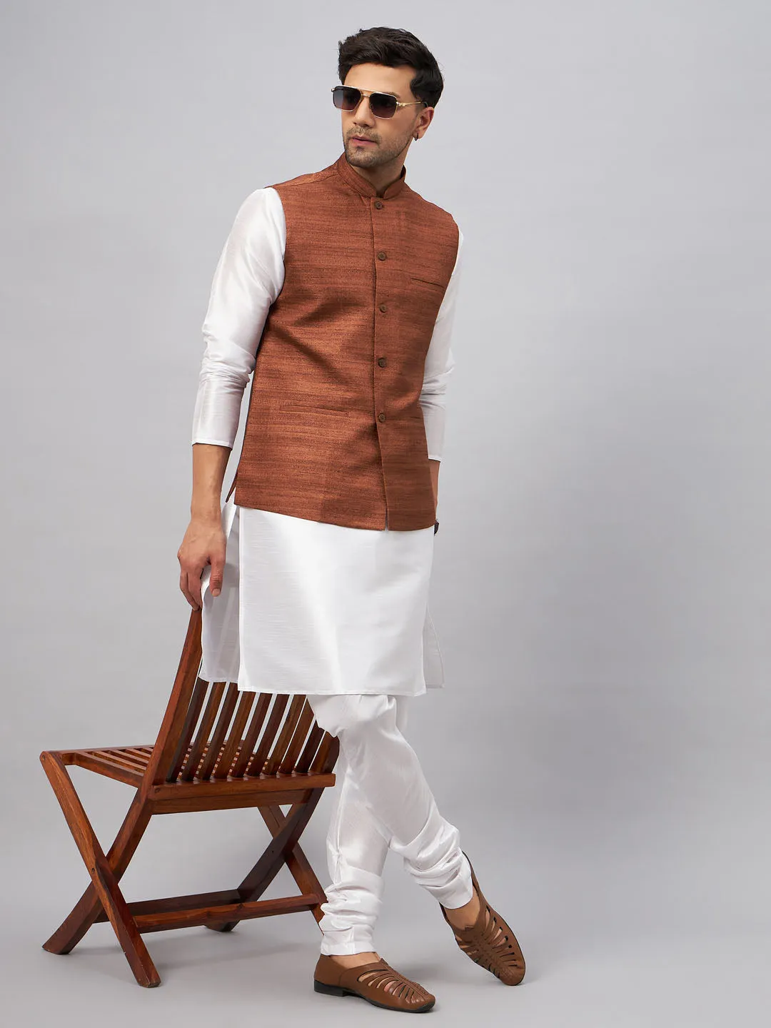 VASTRAMAY Men's Coffee Silk Nehru Jacket Set