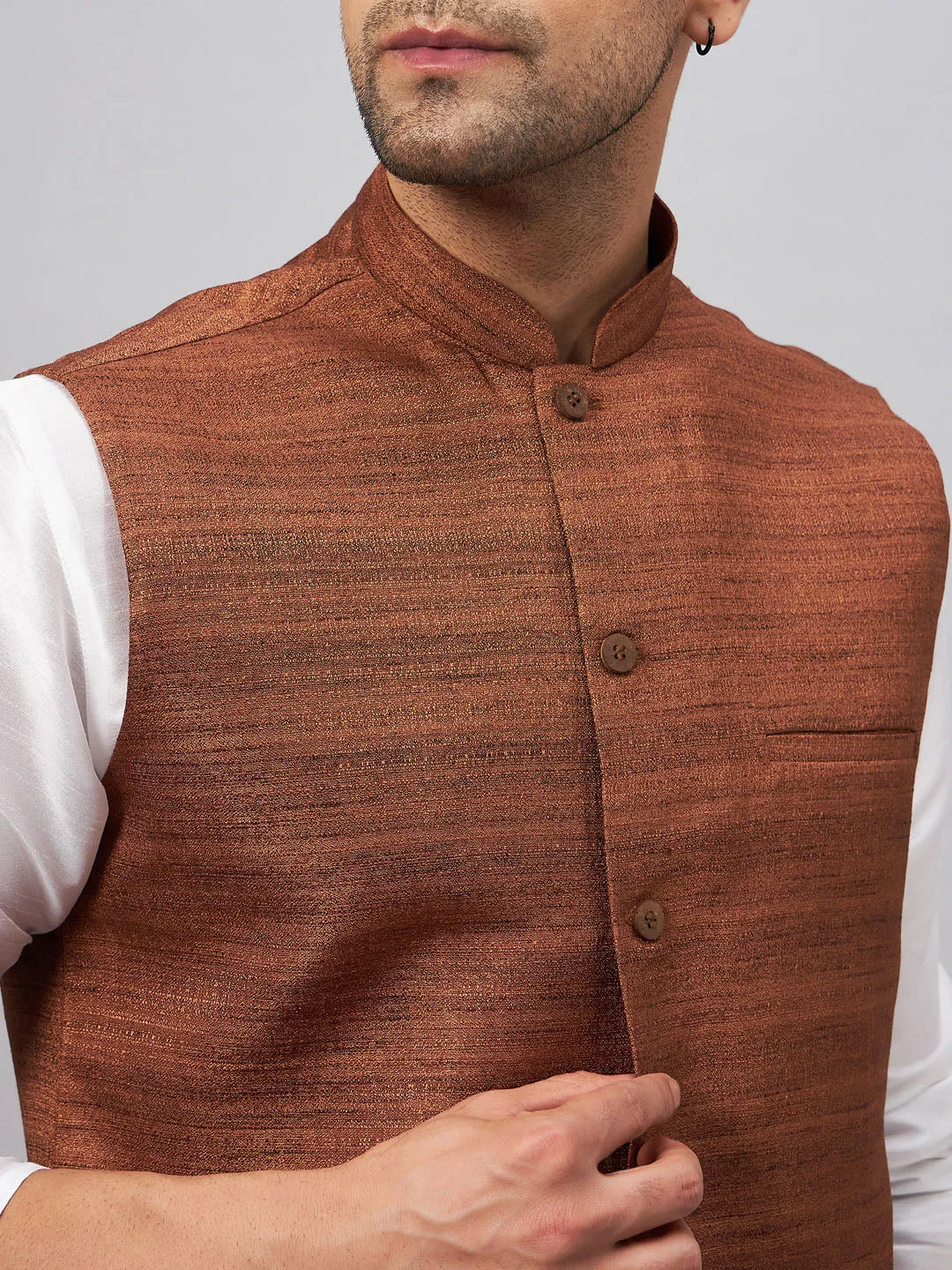 VASTRAMAY Men's Coffee Silk Nehru Jacket Set