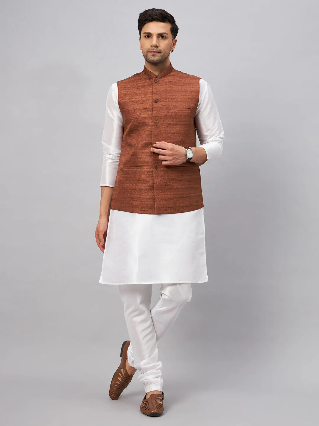 VASTRAMAY Men's Coffee Silk Nehru Jacket Set